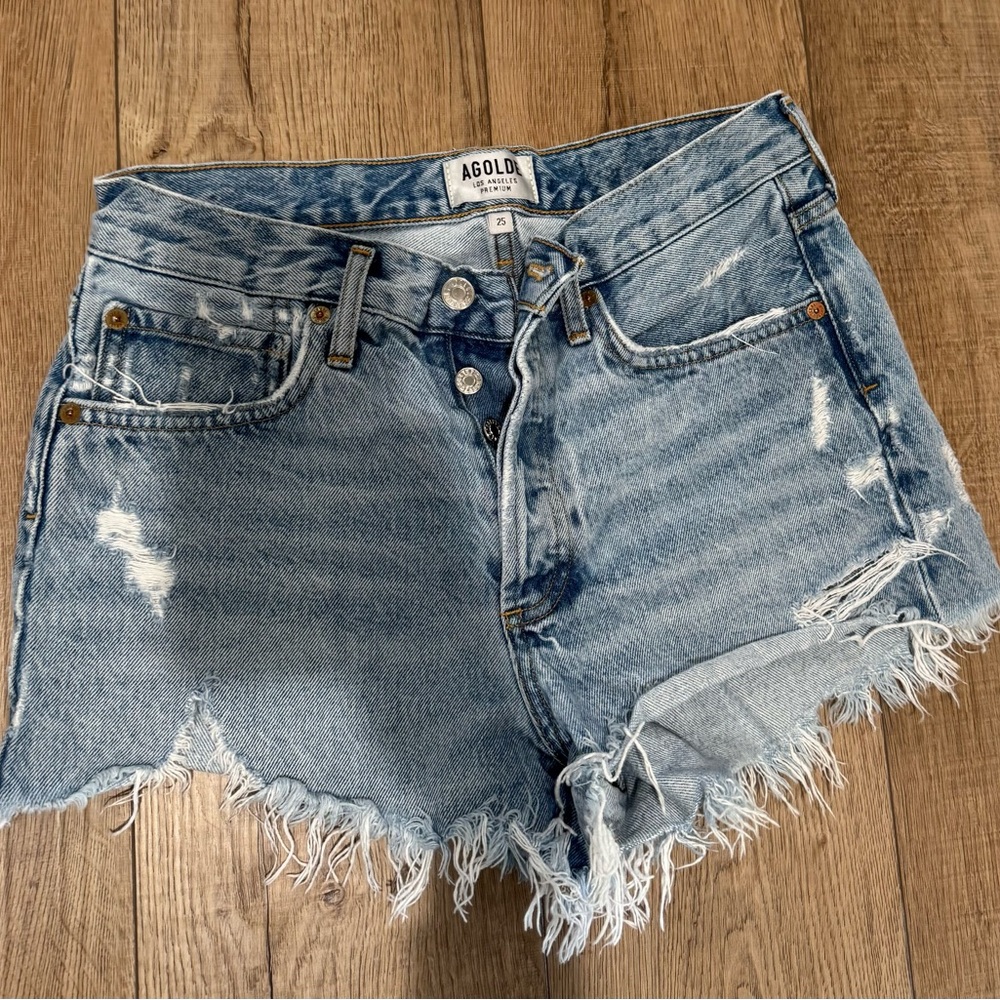 Agolde Parker Light Wash Distressed Frayed Hem Denim Shorts